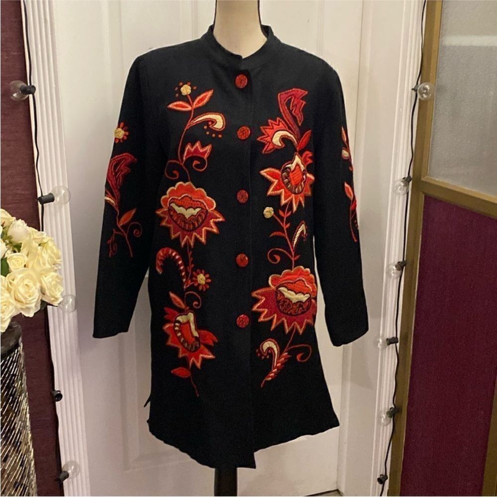 Indigo Moon Embroidered Floral Black Jacket, M